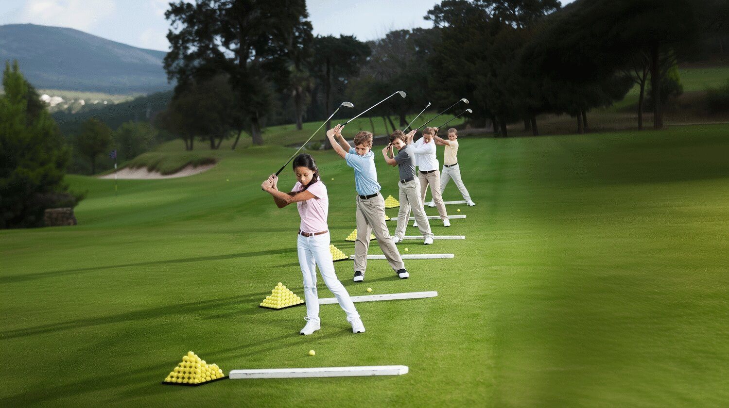 Golfer in mid-swing at the American Golf Academy’s Junior Golf Academy, hitting a drive on a scenic fairway with a mountain backdrop.