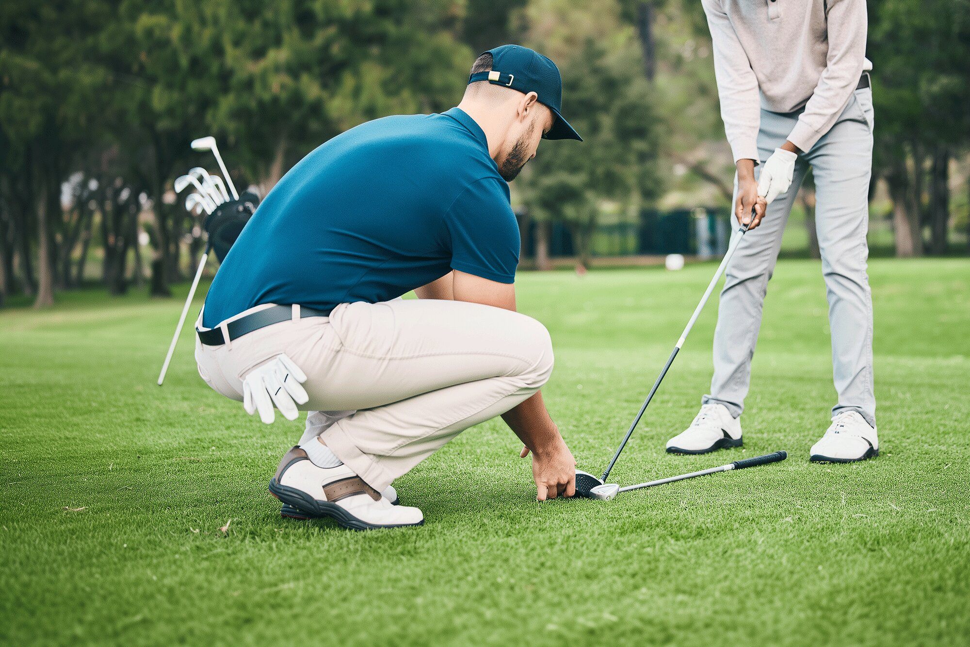 Golf coach providing one-on-one instruction to a student on proper grip and ball position during practice on the course.